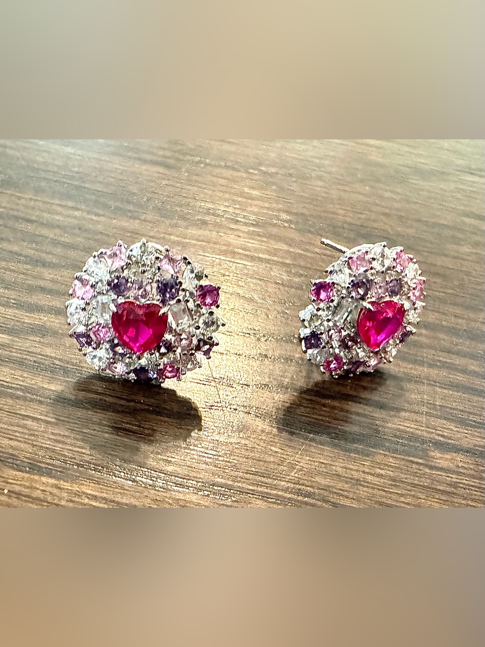 Silver 925 Pink Sapphire Heart Cluster Crystal Stud Earrings NWT Omega clasp